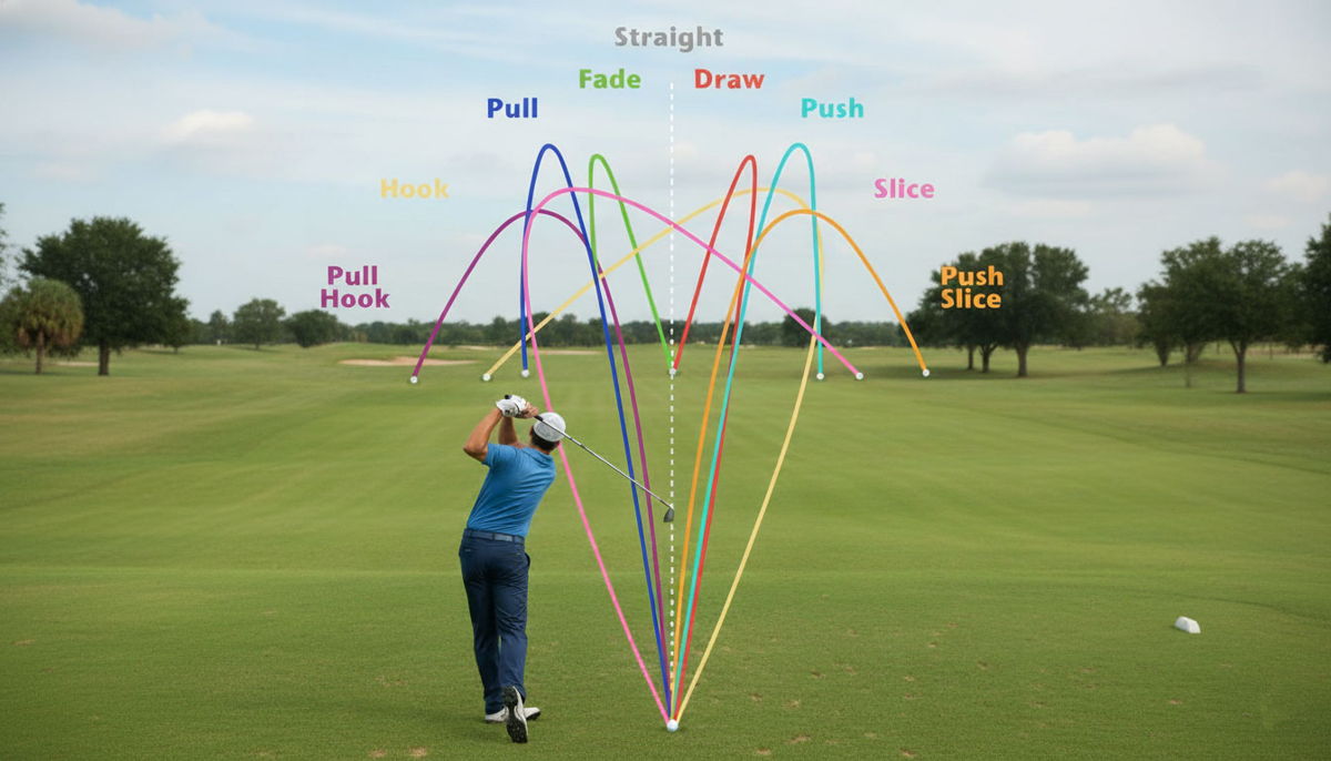Golf ball flight patterns including pull, push, slice, hook, push-slice and pull-hook