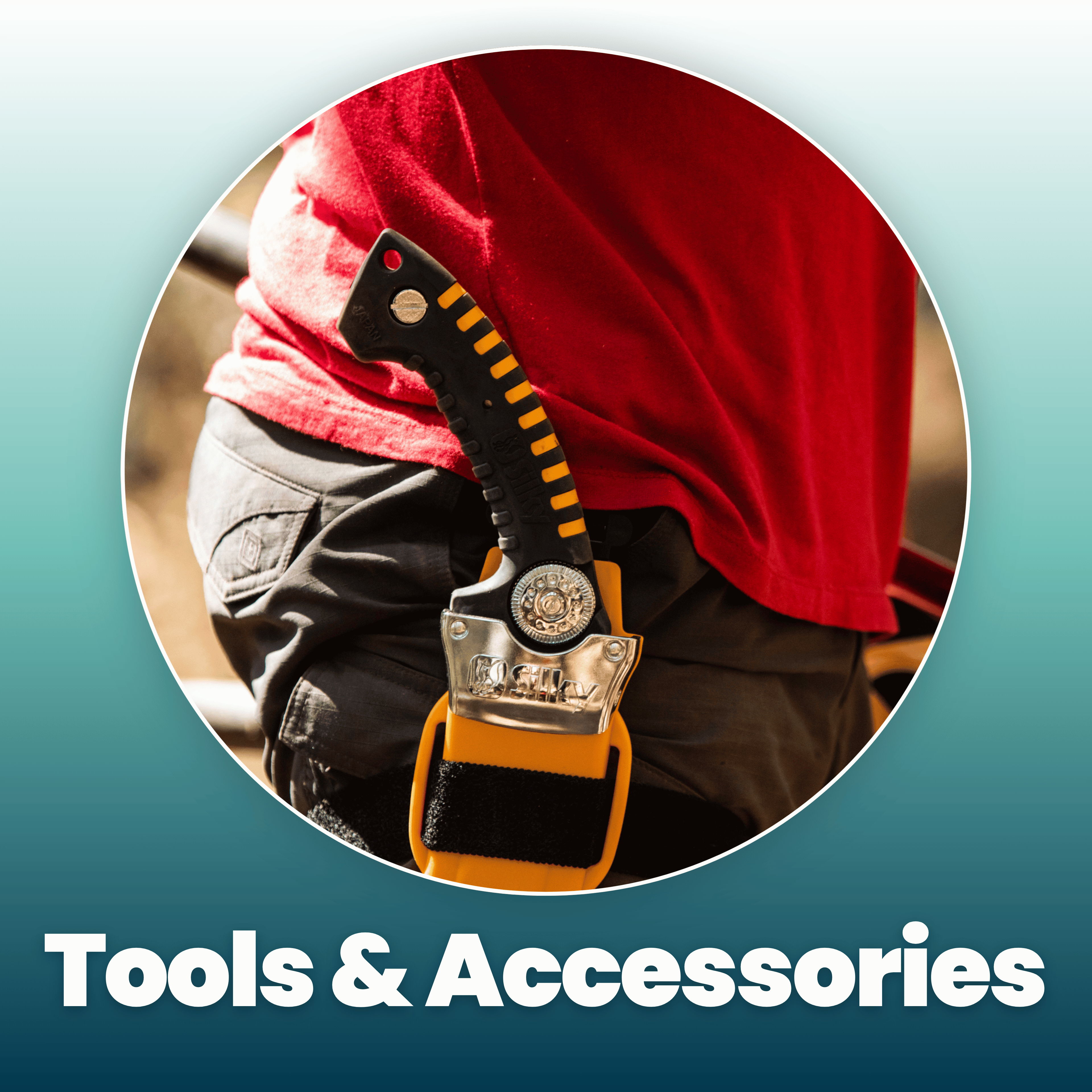 Person wearing a tool belt with accessories and a flashlight.