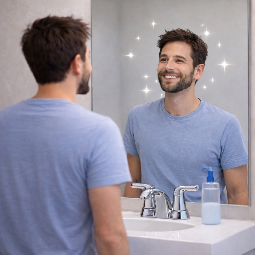 Smiling man looking in the bathroom mirror with sparkling lights.