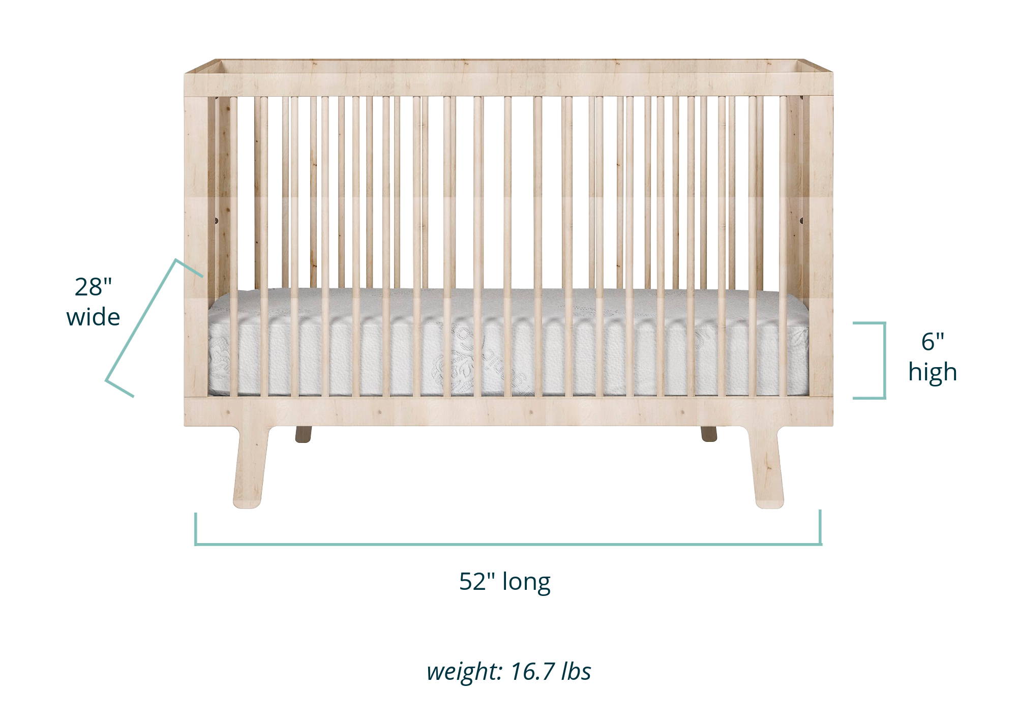 Organic Hybrid Support II crib mattress in a crib showing dimensions of 28