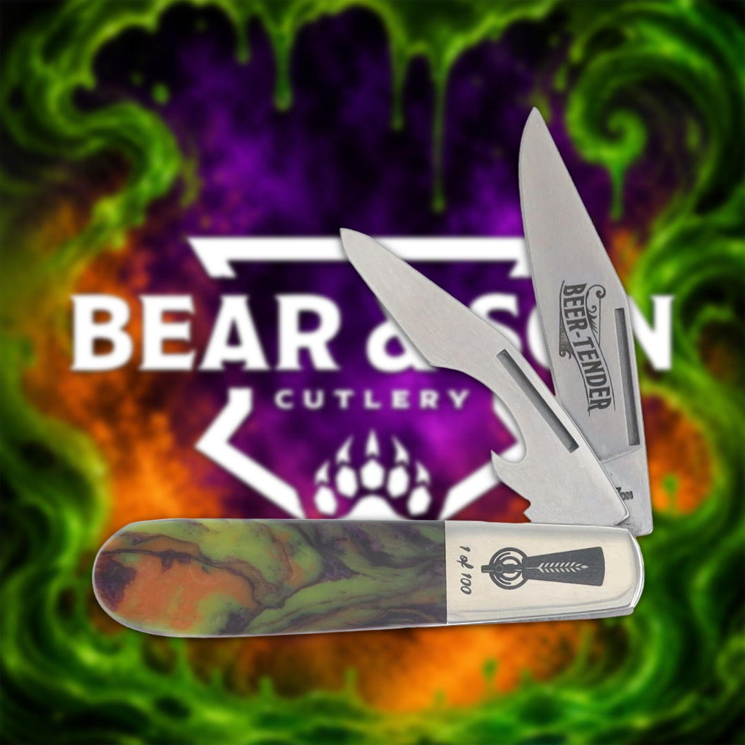 A folding knife with colorful handle against a Bear & Son Cutlery logo background.