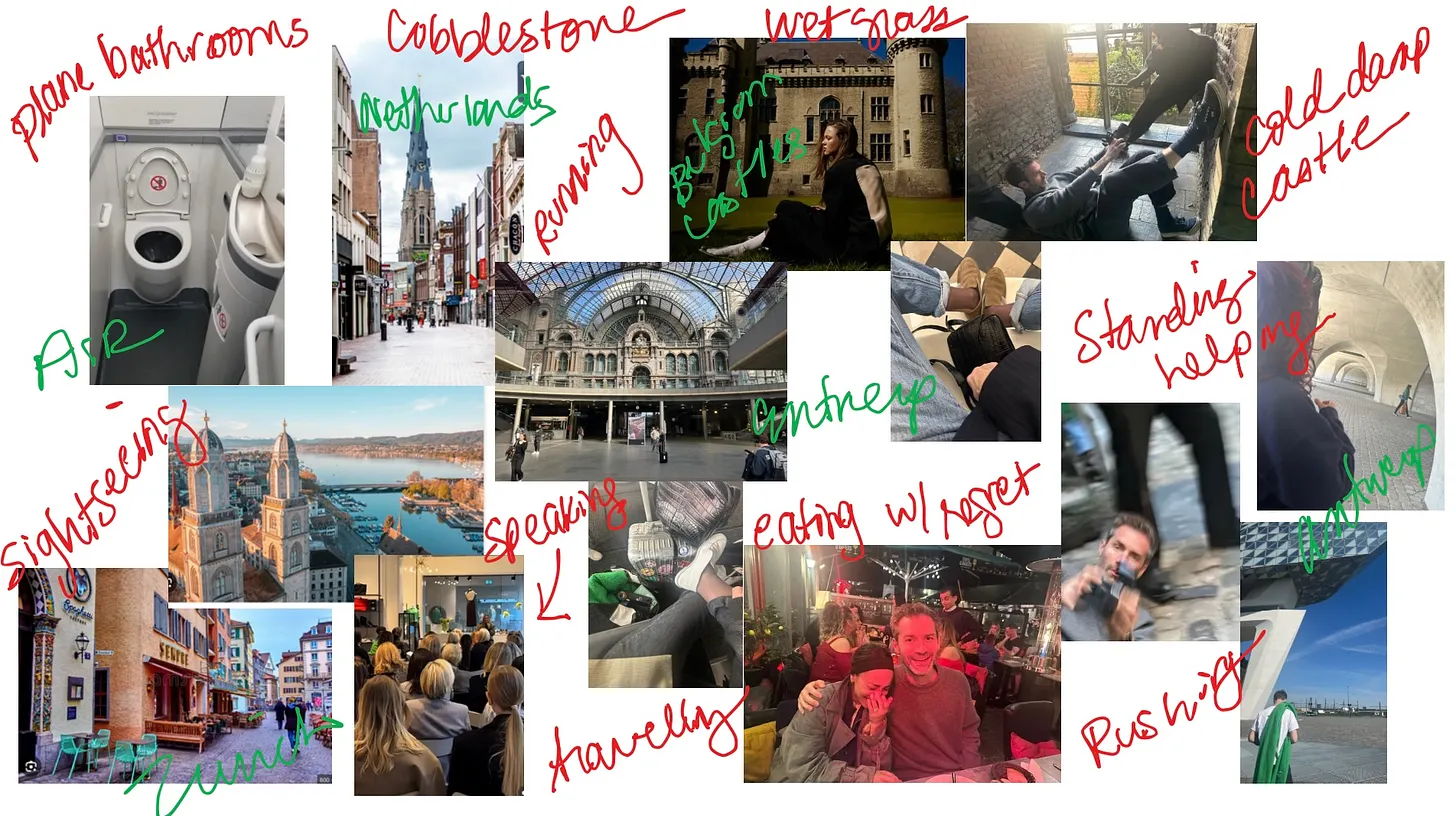 A collage of various travel photos with handwritten notes and captions.