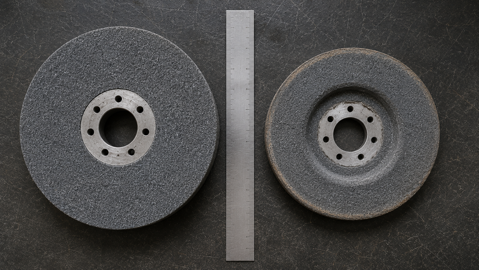 Overhead view of two grinding wheels side by side on dark steel workbench — full thickness new wheel on left, significantly worn wheel on right, metal ruler between them