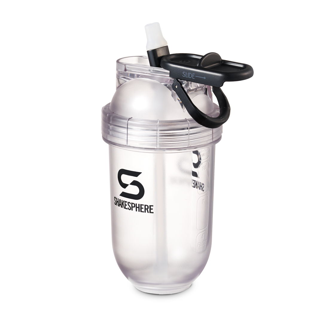 Clear shaker cup with a black lid and straw.
