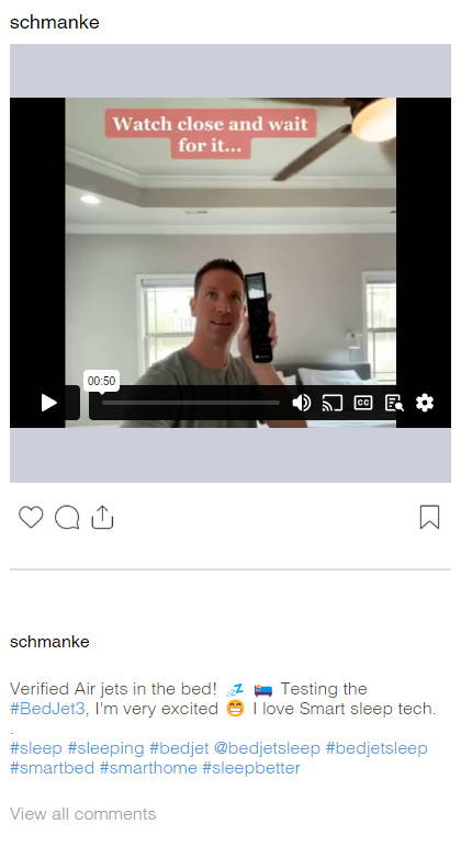 An Instagram post by @schmanke of a video review for the BedJet