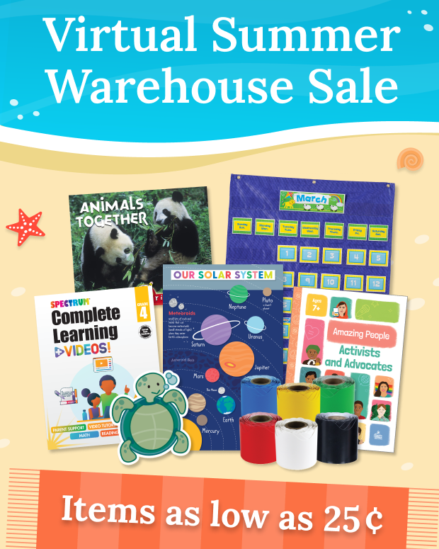 Virtual Summer Warehouse Sale with educational items and prices as low as 25¢.
