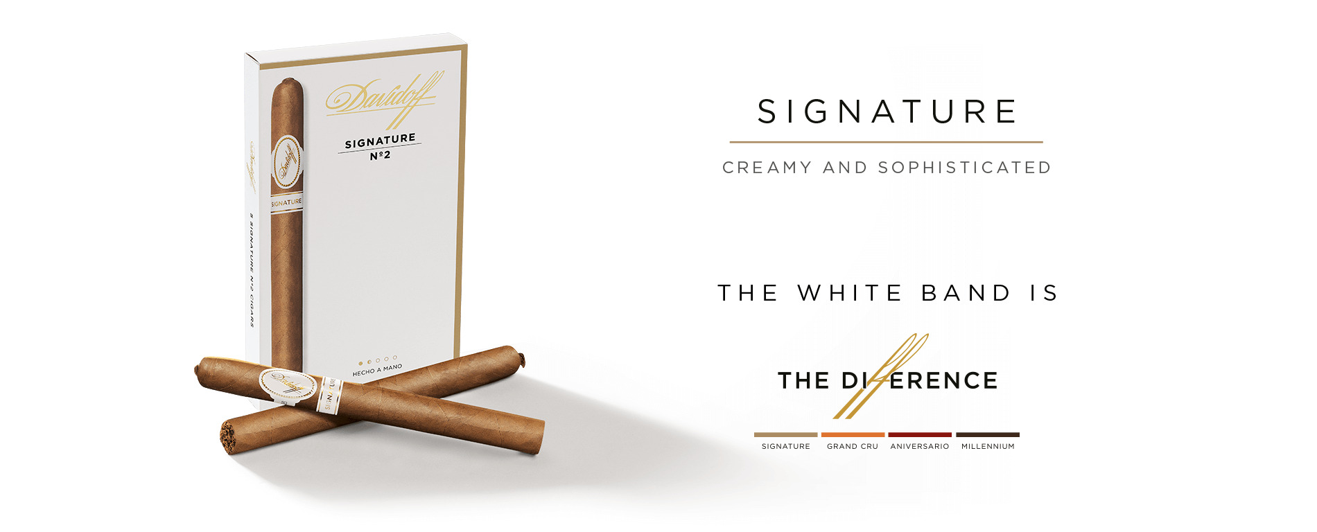 A box of Davidoff Signature No. 2 with two cigars placed crosswise in front of it.