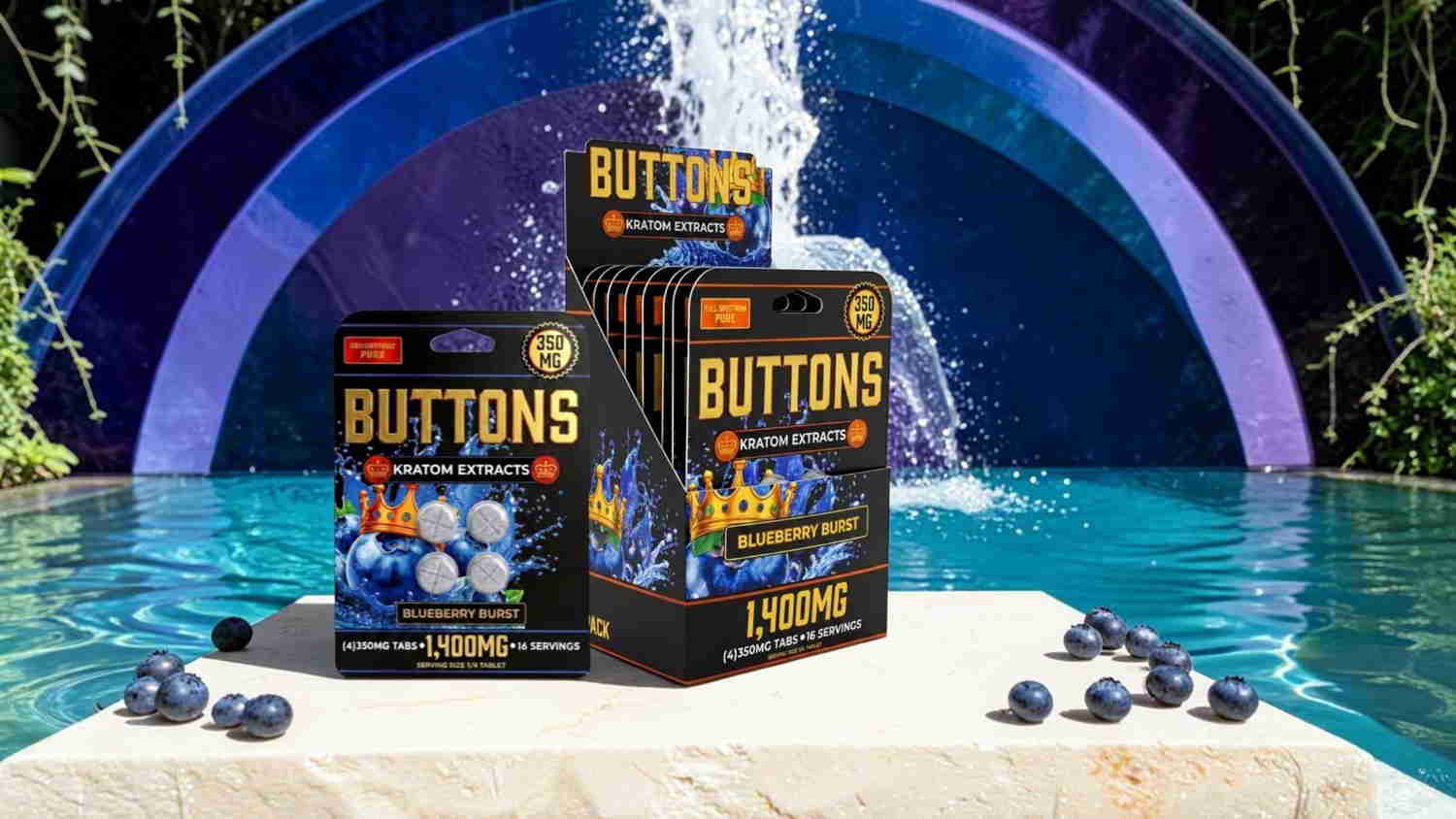 Boxes of buttons near a pool with a colorful rainbow backdrop.