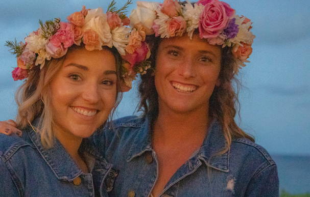 Pro surfer Courtney Conlogue and friend at the Beachwaver Maui Pro Women's Surf Championships