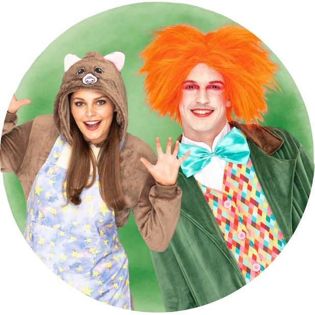 A green Circle with two teachers. One wearing our Magical Possum Onesie and another wearing our Maddest Hatter Costume. Click to shop all Teachers Book Week Costumes.