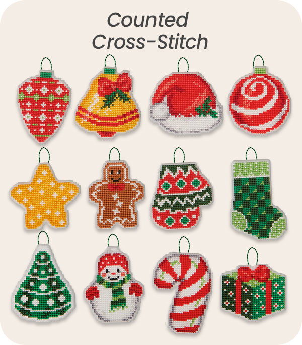 Colorful Christmas ornaments designed for counted cross-stitch decoration.