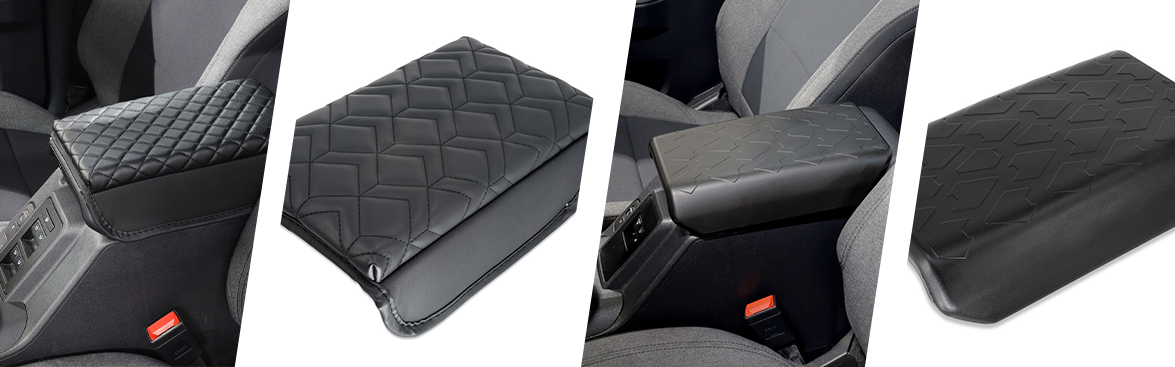 Photo collage of various automotive arm rests, installed and uninstalled.