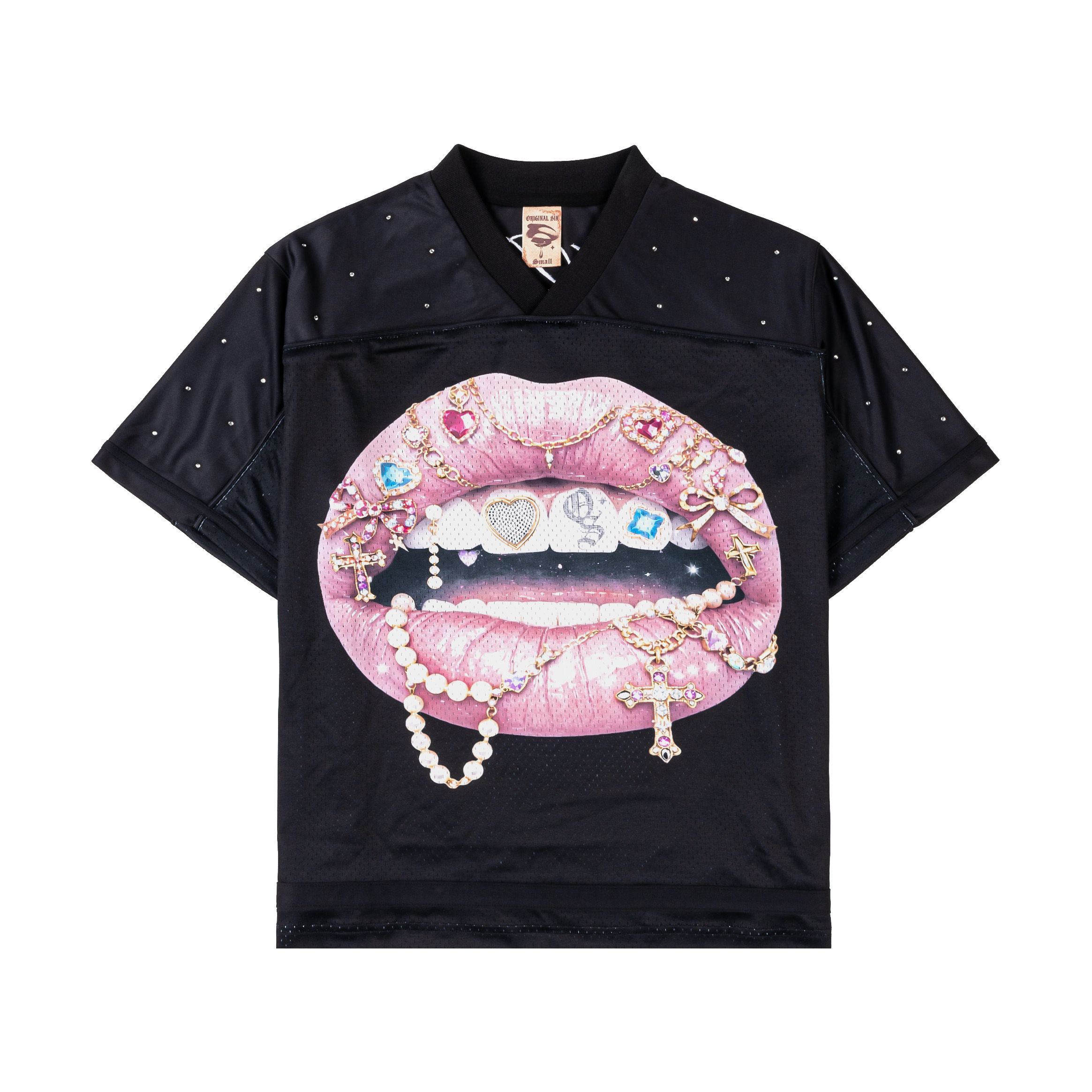 Black shirt featuring a graphic of lips adorned with jewelry and embellishments.