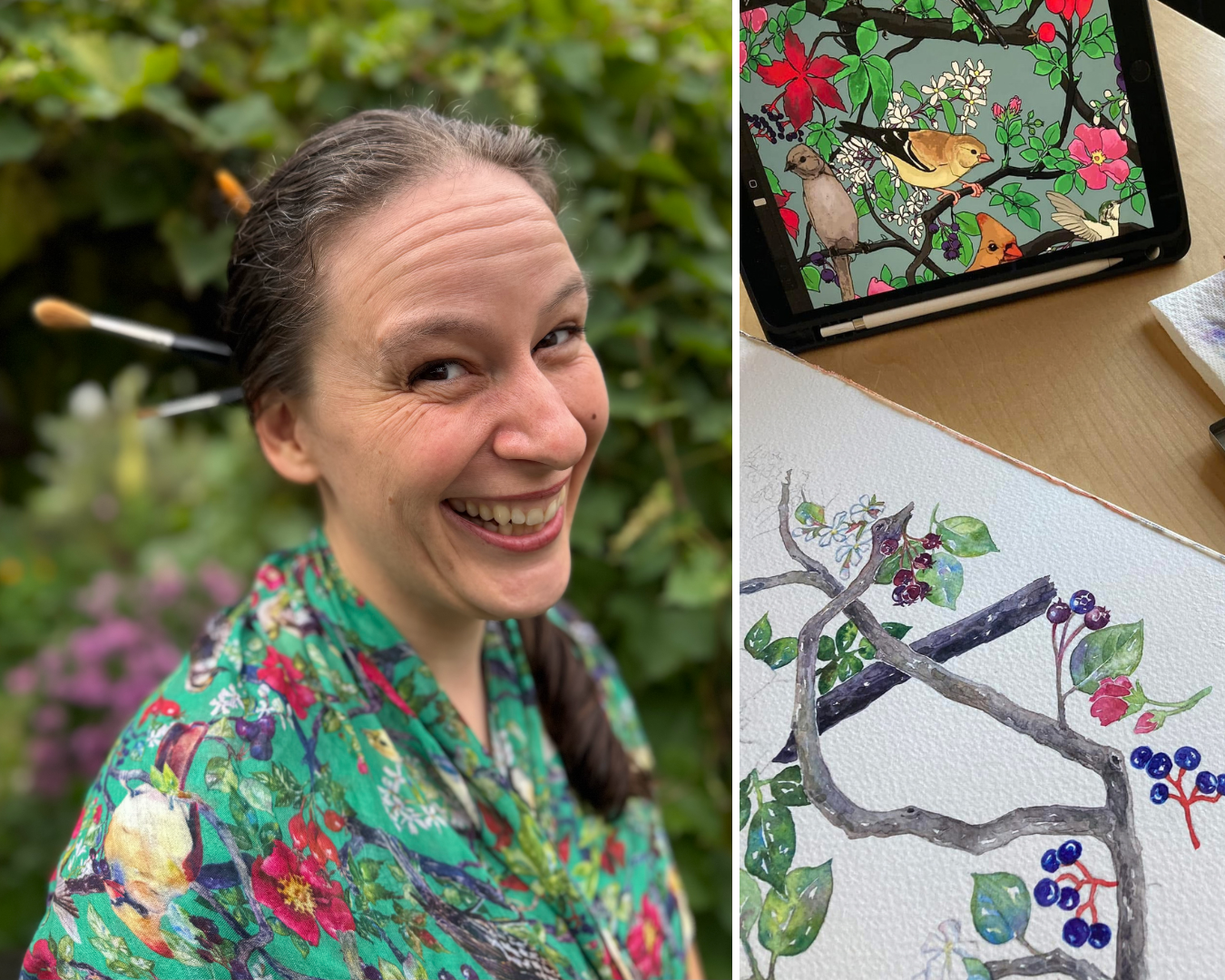 Cora uses watercolor and digital methods to develop a print on female hens native to her local area