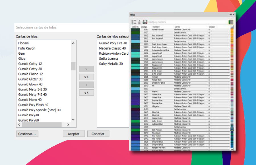 User interface displaying data tables and colorful background design.