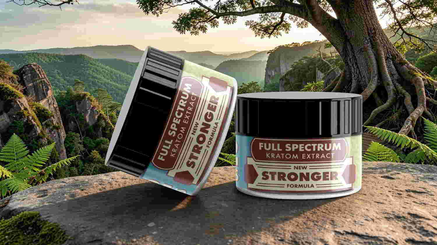 Two jars of CBD product on a rock in nature.