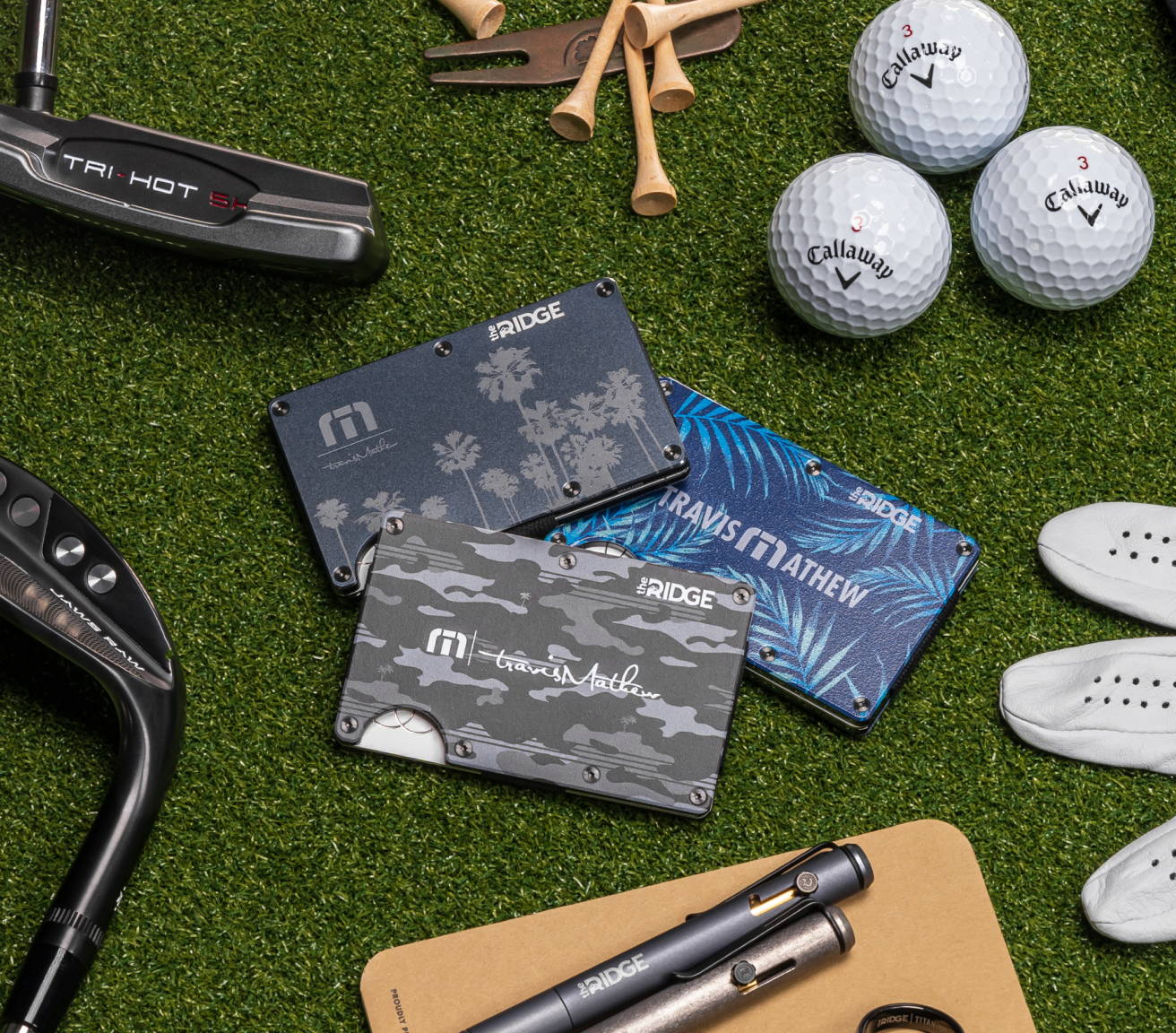 TravisMathew Palm Ridge wallets with other Ridge products and golf gears