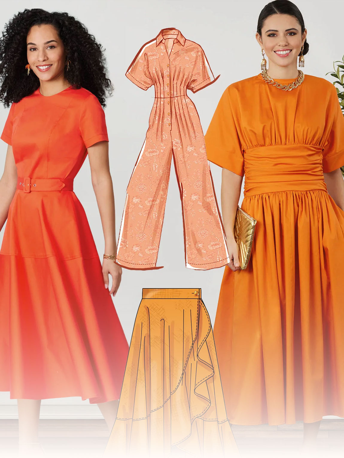 Women in orange dresses with a fashion illustration of a jumpsuit and skirt.
