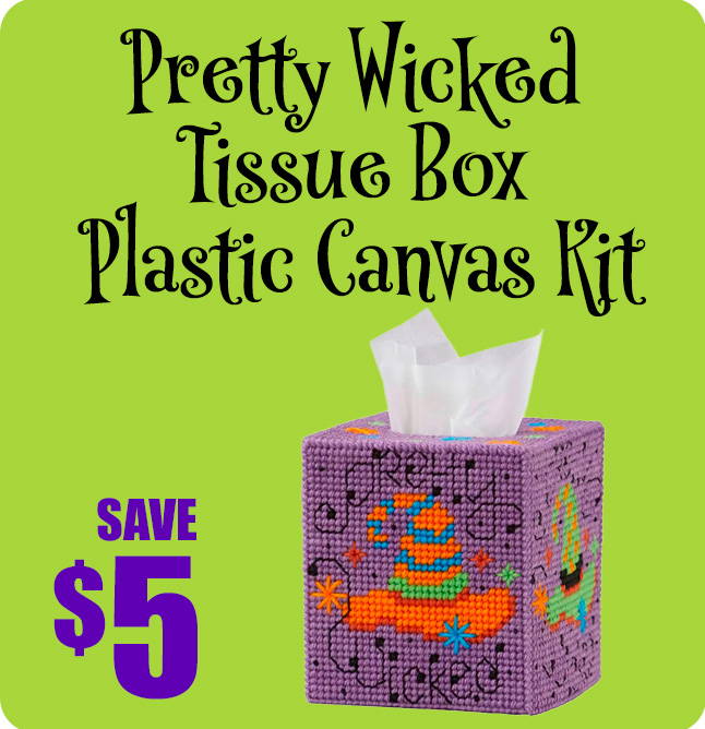 Save $5 on Herrschners Pretty Wicked Tissue Box Plastic Canvas Kit (in image).