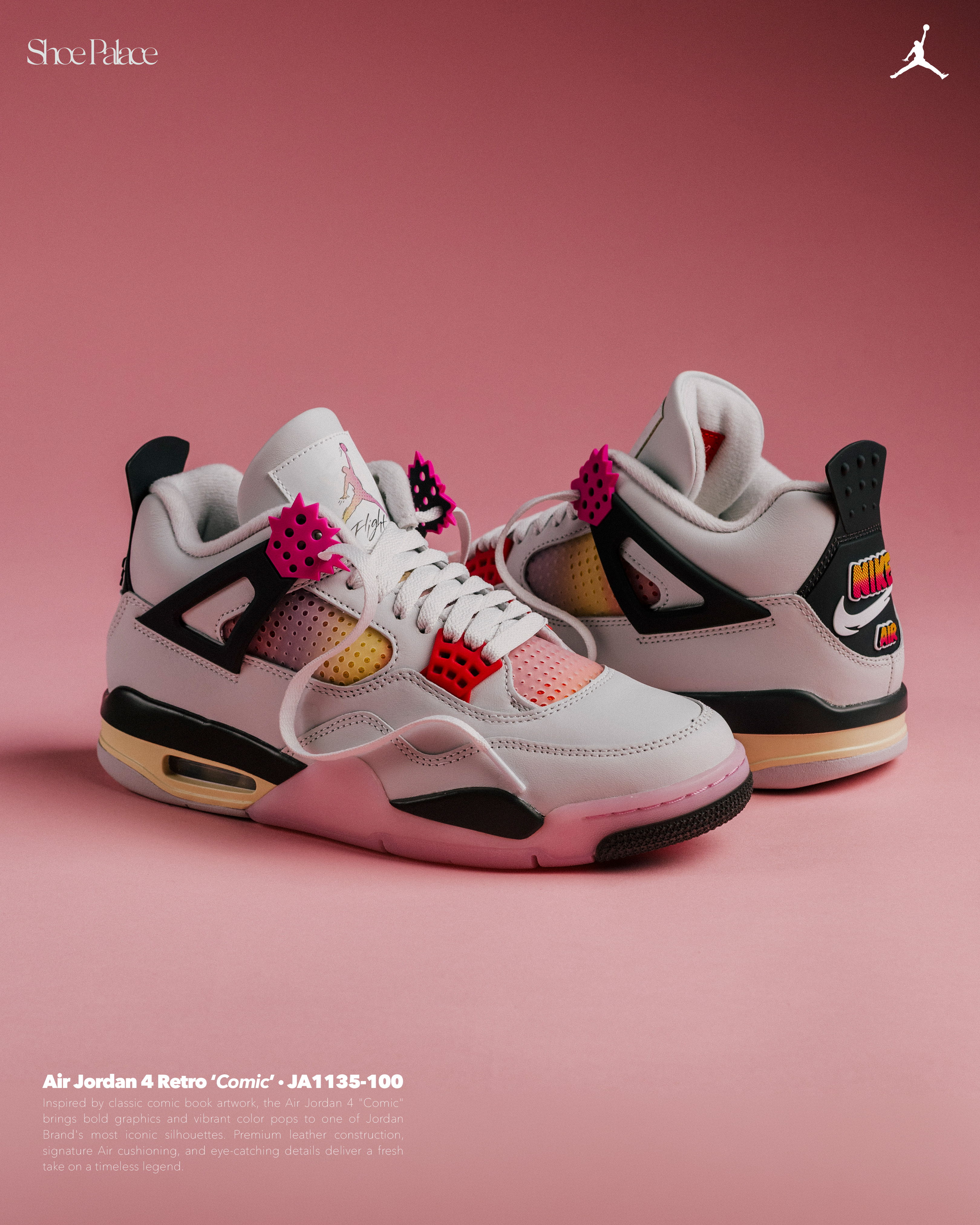 Air Jordan 4 sneakers in white, pink, and black on a pink background.