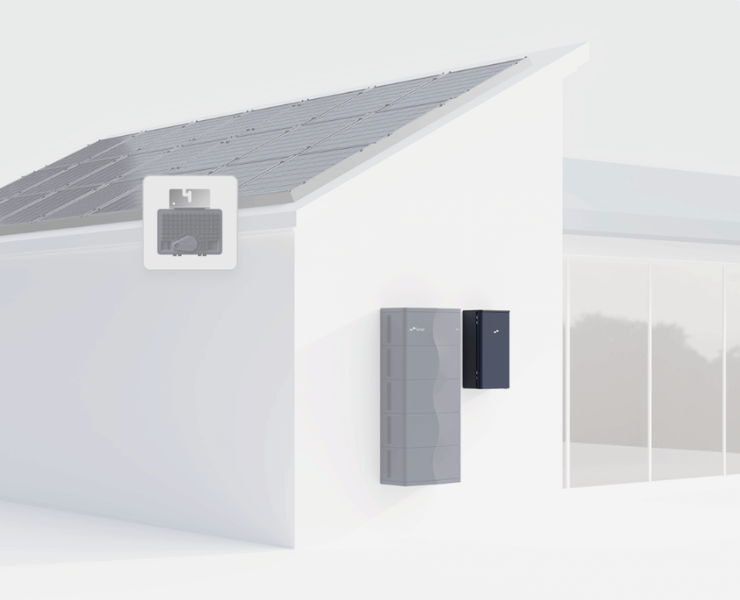 Modern house exterior with solar panels and Lunar Energy bridge system.