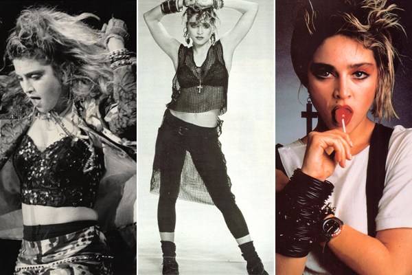 Three different images of Madonna during the 80s.