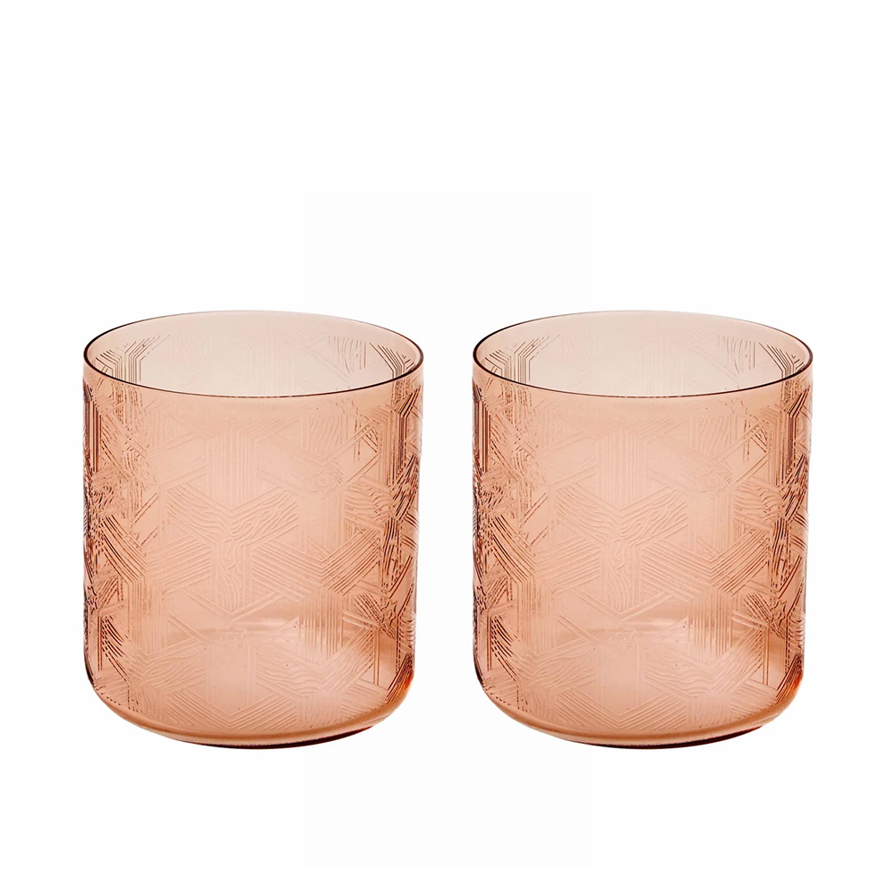 Two textured pink glass cups side by side.