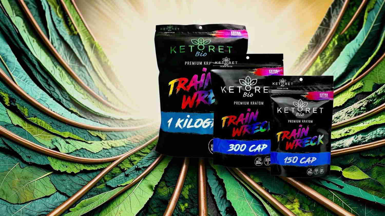 Three product packages against a colorful, leaf-patterned background.