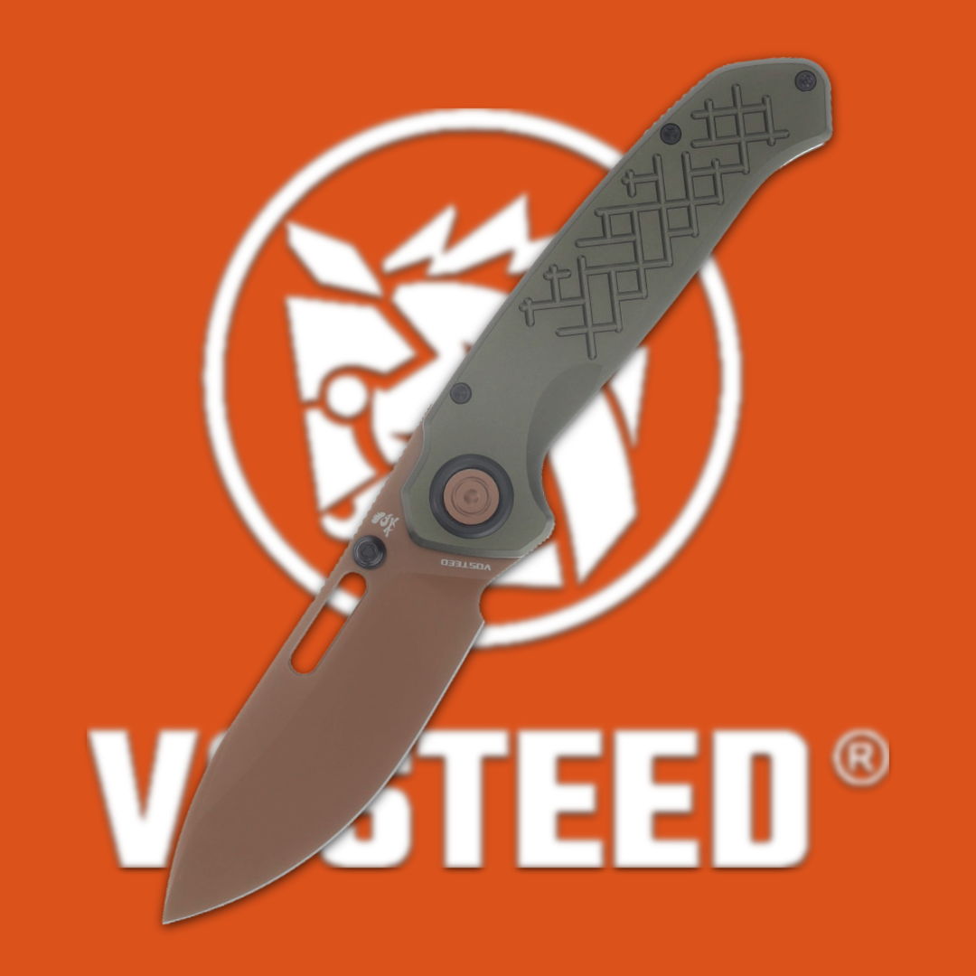 Folding knife with a textured handle and logo on an orange background.