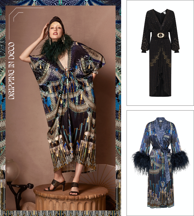 Dripping In Deco Robe and Kaftan | Navy Art Deco Print