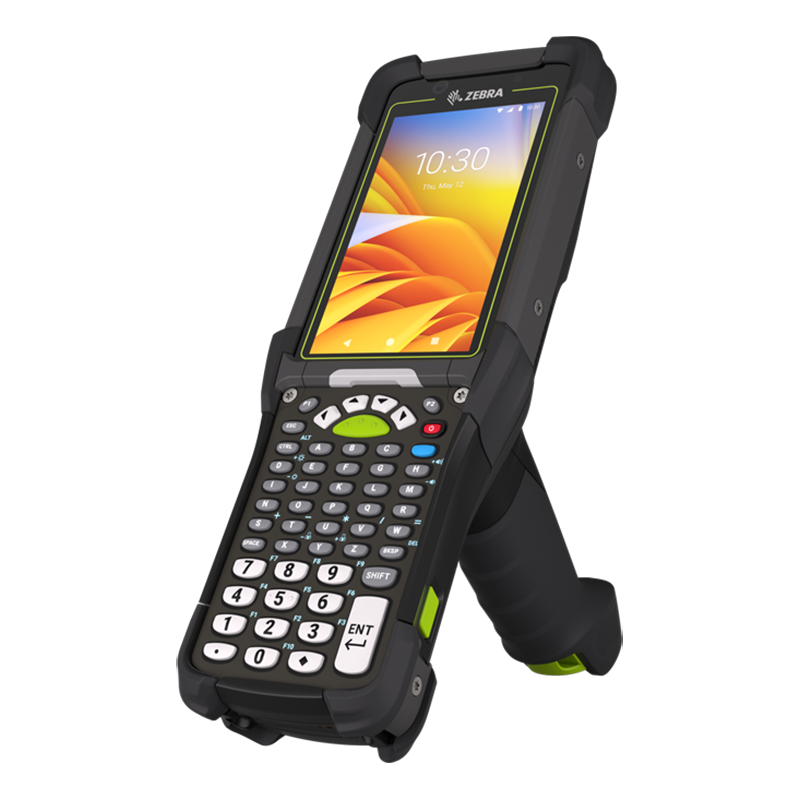 Handheld barcode scanner with touchscreen and physical keyboard.