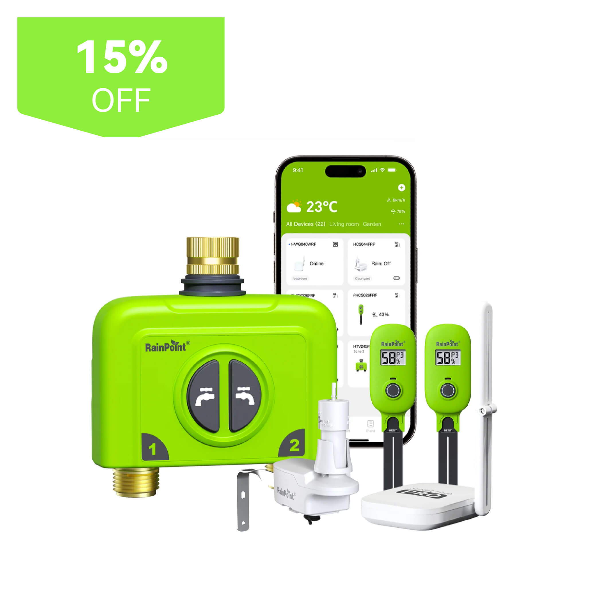 Smart irrigation system with app, green device, and discount label.