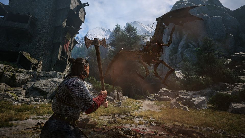 Un guerriero che affronta un drago in un paesaggio montuoso.