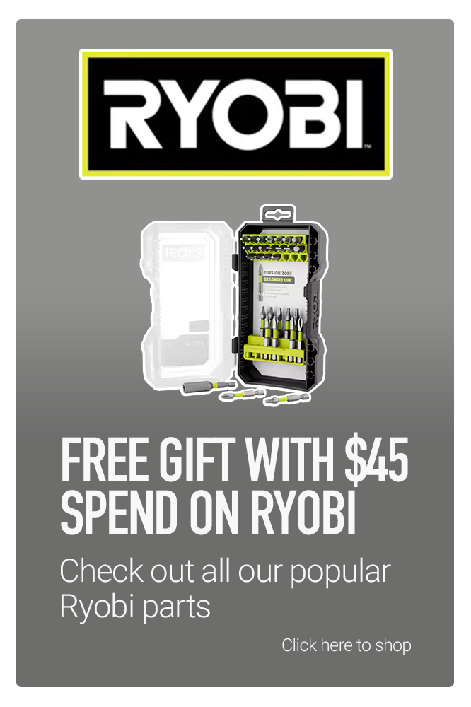 RYOBI promotion for free gift with $45 purchase, featuring tools and parts.