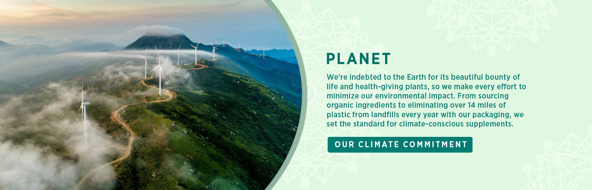 We’re indebted to the Earth for its beautiful bounty of life and health-giving plants, so we make every effort to minimize our environmental impact. From sourcing organic ingredients to eliminating over 14 miles of plastic from landfills every year with our packaging, we set the standard for climate-conscious supplements. 
