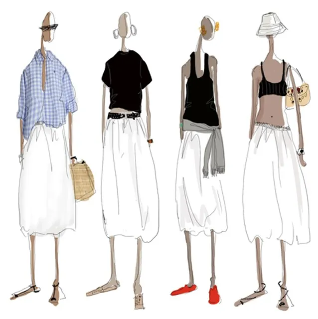 Four fashion illustrations featuring different outfits and styles for summer.