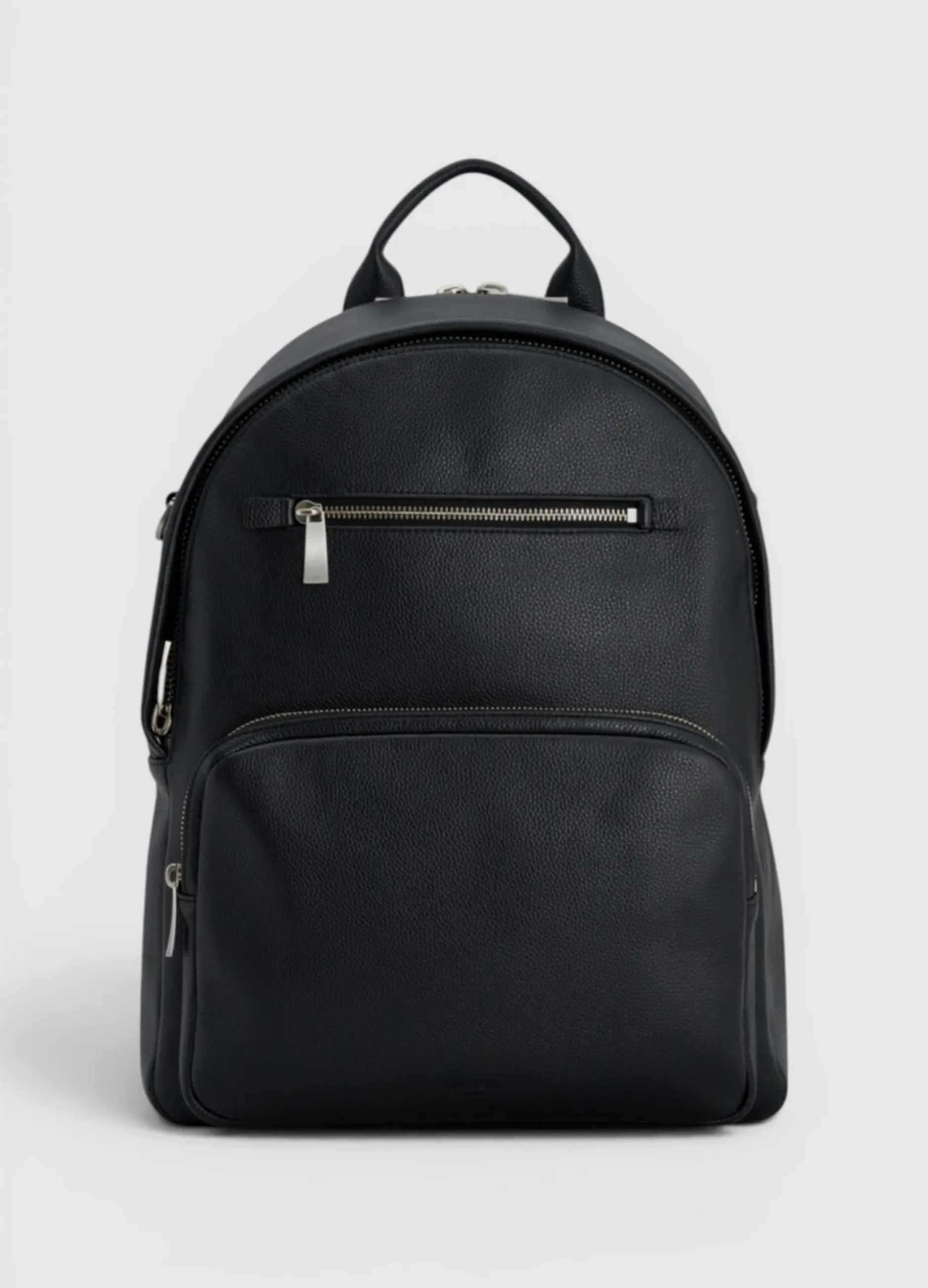 Black backpack with zippered pockets and a top handle.