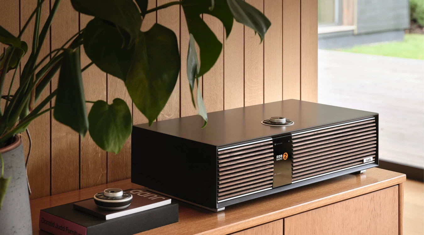 A stylish speaker on a wooden cabinet with a plant nearby.