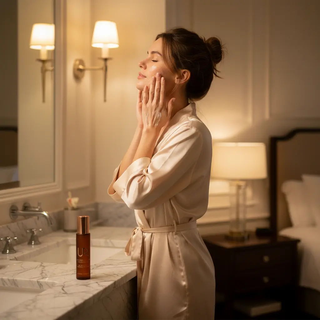 Woman in a bathrobe cleansing her face with Anti-Imperfections Cleansing Gel in a well-lit bathroom.