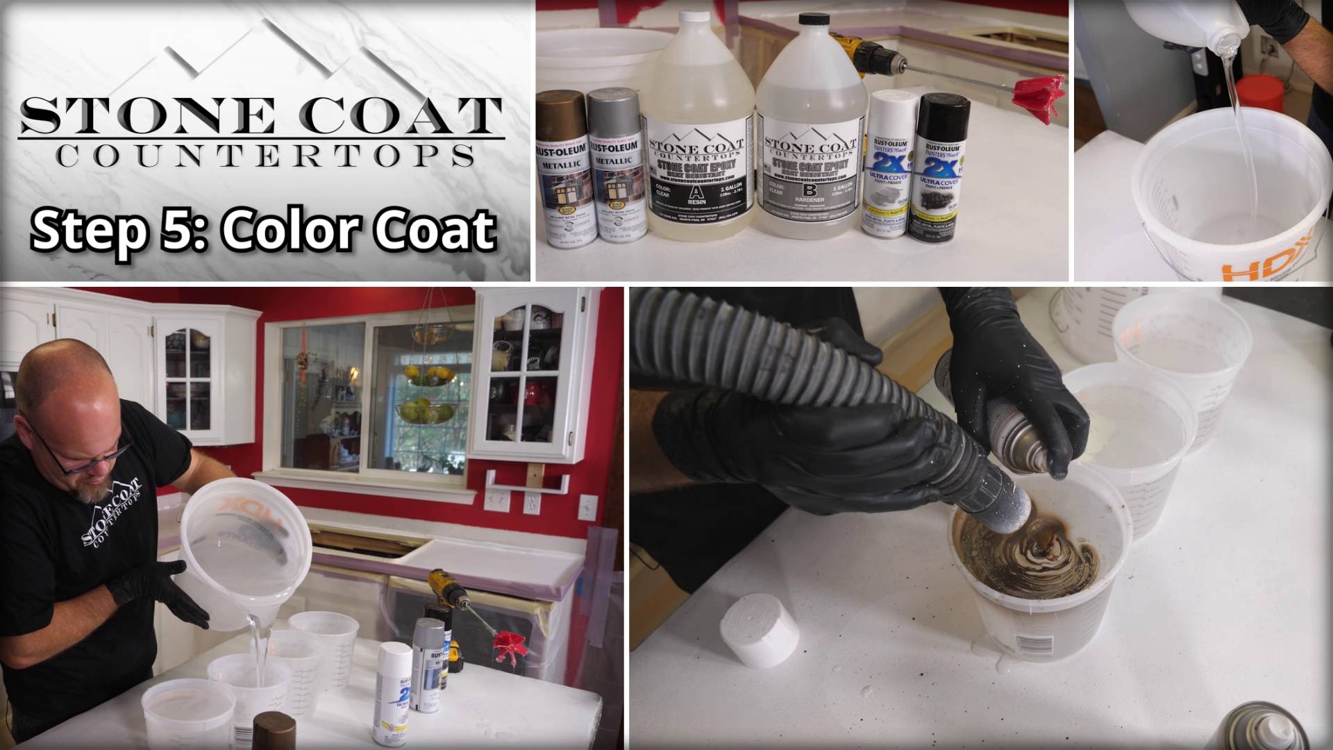 Step 1: Color Mixing - Prepare epoxy at 1:1 ratio, add color with spray paint or metallic powder in layers for your countertop.