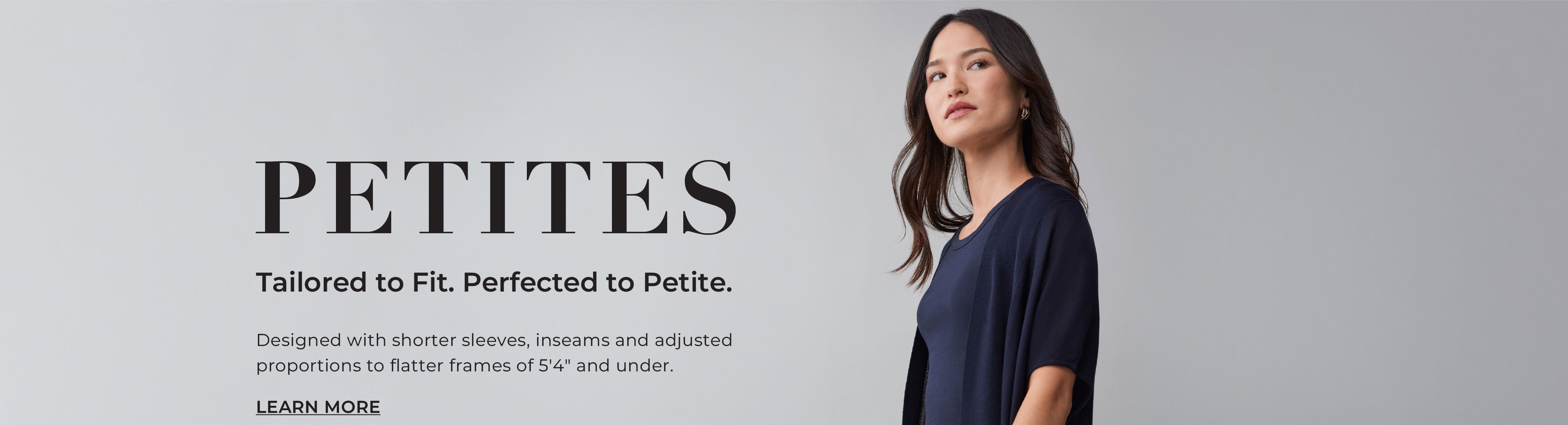 Model showcasing petite clothing against a neutral background with text 