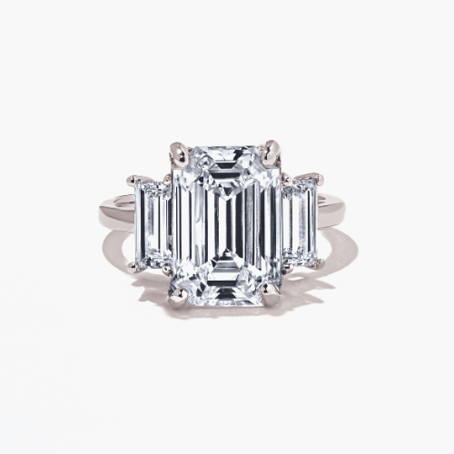 three stone emerald cut lab grown diamond engagement ring by MiaDonna