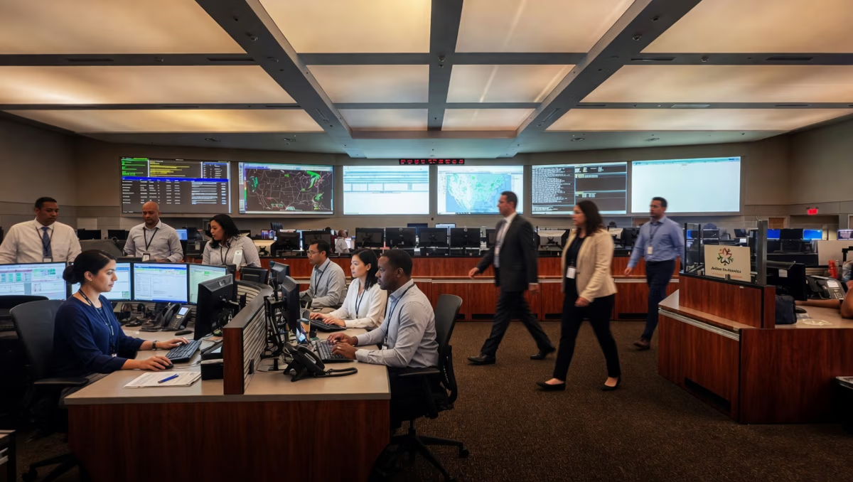 A busy AV control room with people working at computers.