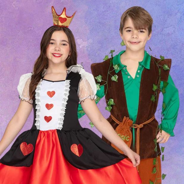 A pink and purple background with two Storybook Characters. The Storybook Red Riding and the Magic Jack and the Beanstalk. Click to shop all Storybook Classic Book Week Costumes.