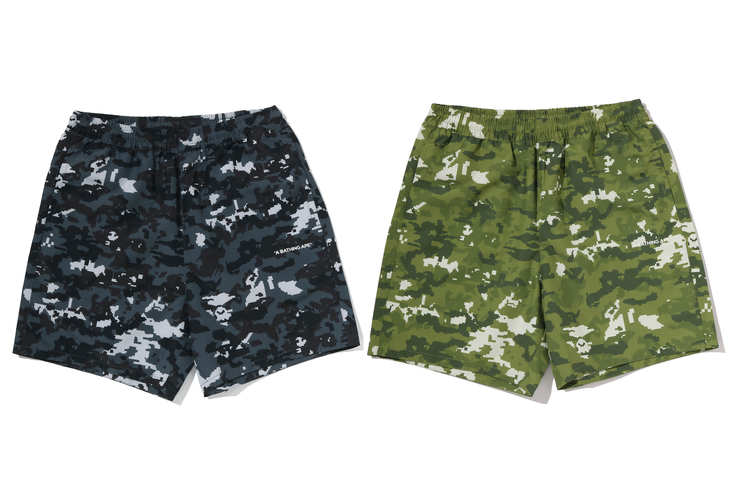Two pairs of camouflage shorts in black and green colors.