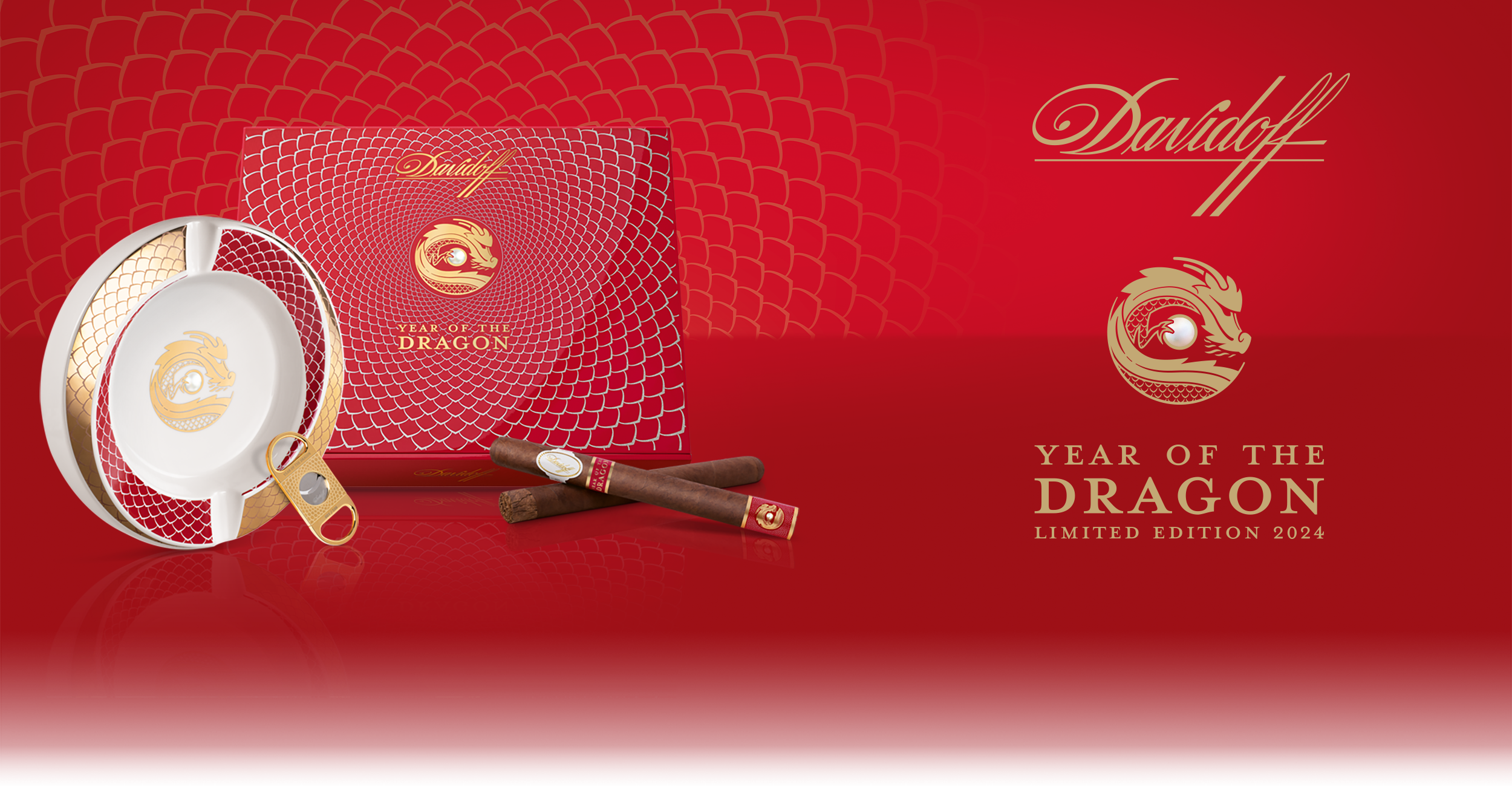 Davidoff Year of the Dragon Limited Edition 2024 - Ashtray, Cutter, Double-Corona-Zigarren und Box mit Davidoff und Year of the Dragon Limited Edition 2024 Logo