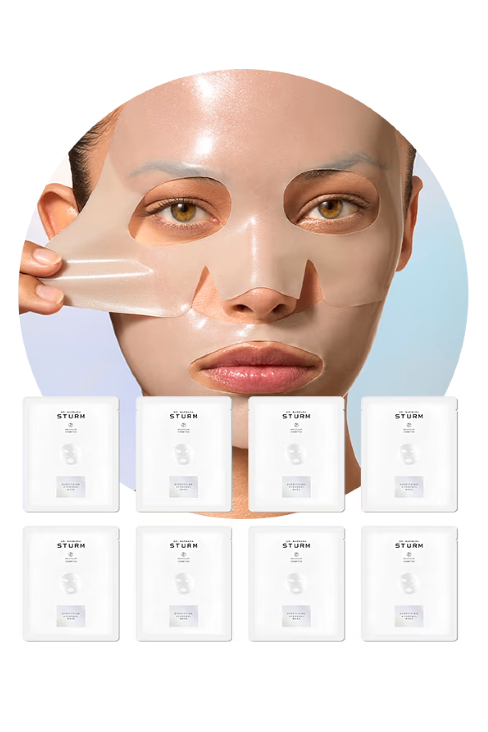 Woman applying a facial mask, surrounded by product packaging.
