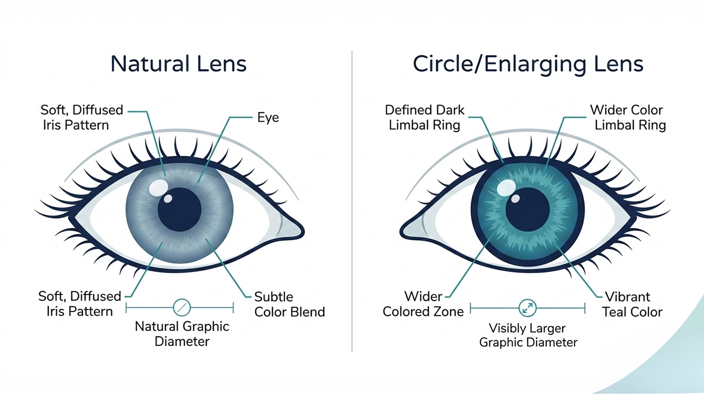 Diagram comparing natural colored contacts vs circle enlarging lenses showing graphic diameter and limbal ring difference