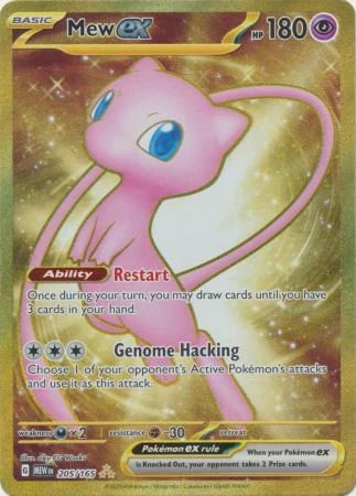 Mew EX Pokémon card with abilities and stats displayed.