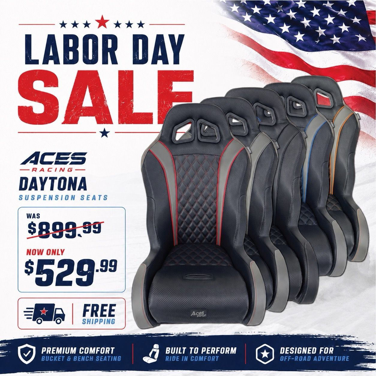 Labor Day sale on Daytona racing seats with discounted prices.